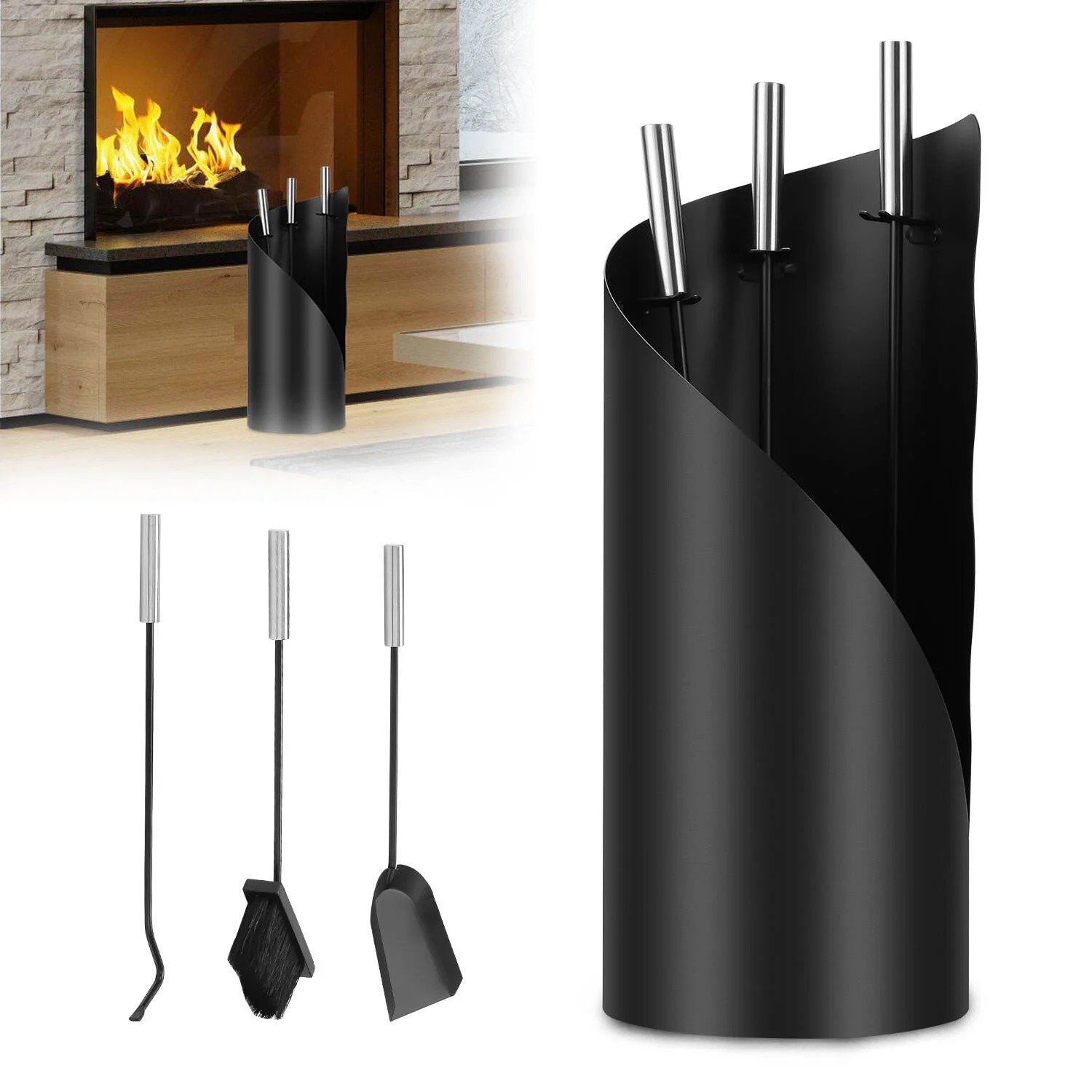 Schmiedeeisernes Kaminbesteck 4-teilig Schwarz Matt (Besen, Schaufel, Zange, Haken)