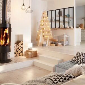 All-inclusive Kaminpaket: Palette Eichenholz + Rindenbriketts + Kaminbesteck + Filztasche
