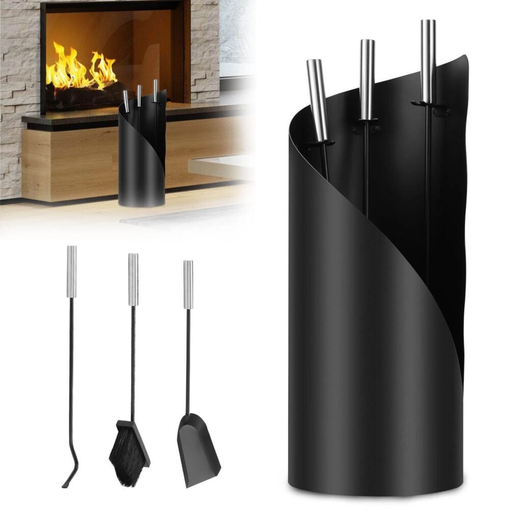 Schmiedeeisernes Kaminbesteck 4-teilig Schwarz Matt (Besen, Schaufel, Zange, Haken)